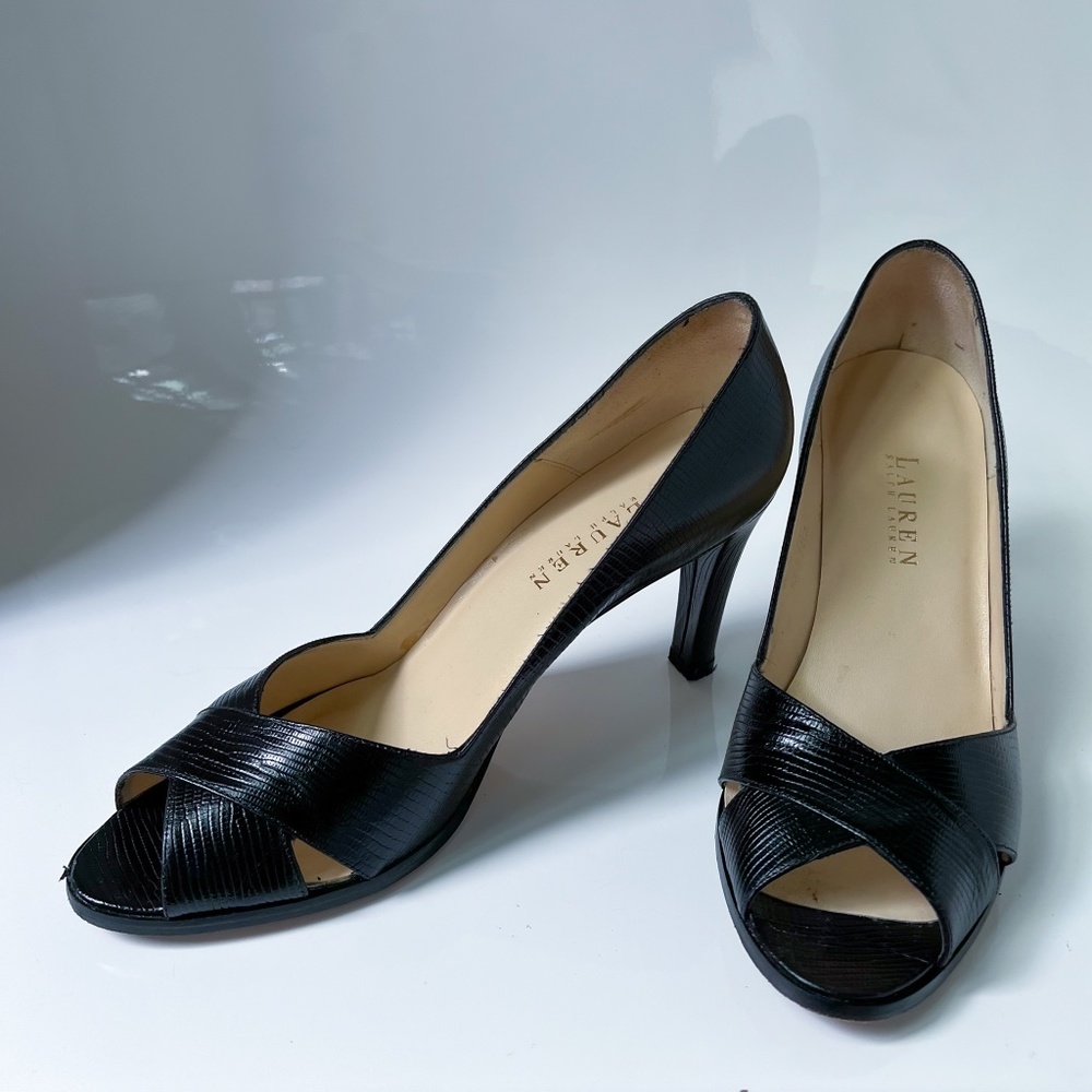 Lauren Ralph Lauren | Whelming Made in Spain Black Lizard Print Textured Leather - Picture 3 of 14